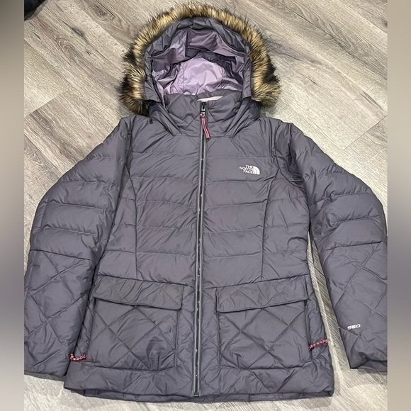 Womens Small The North Face 550 Down Parka Gray Quilted Fur Hood Coat Tiny Snag - Picture 1 of 12